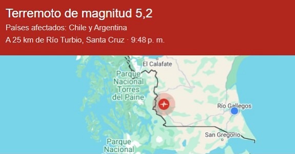 Terremoto magnitud 5.3  a 25 km de Rio Turbio en Santa Cruz 