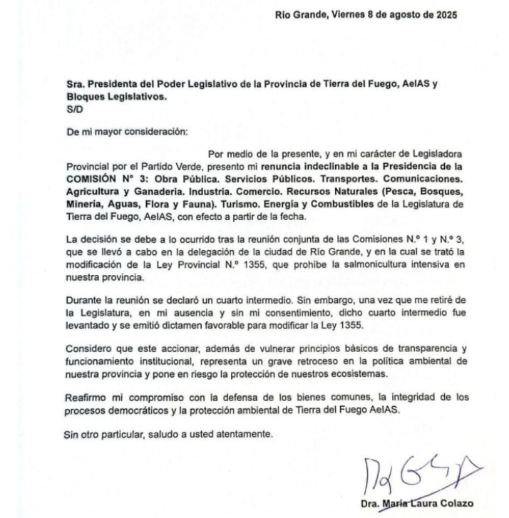  Colazo renunció a la presidencia de la Comisión 3