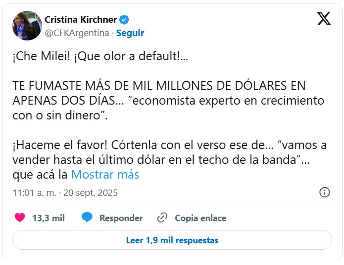  ¡Alta coimeraaaa y default a la vista!: Cristina, desde San José 1111, le canta las 40 a Milei