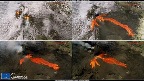 La imagen muestra los ríos de lava del Etna en diferentes momentos de esta activa semana