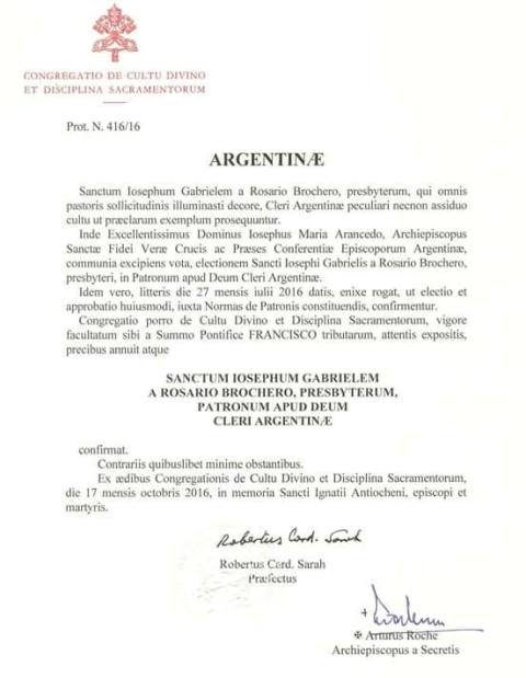  Decreto que declara a Santo Cura Brochero, patrono del clero argentino