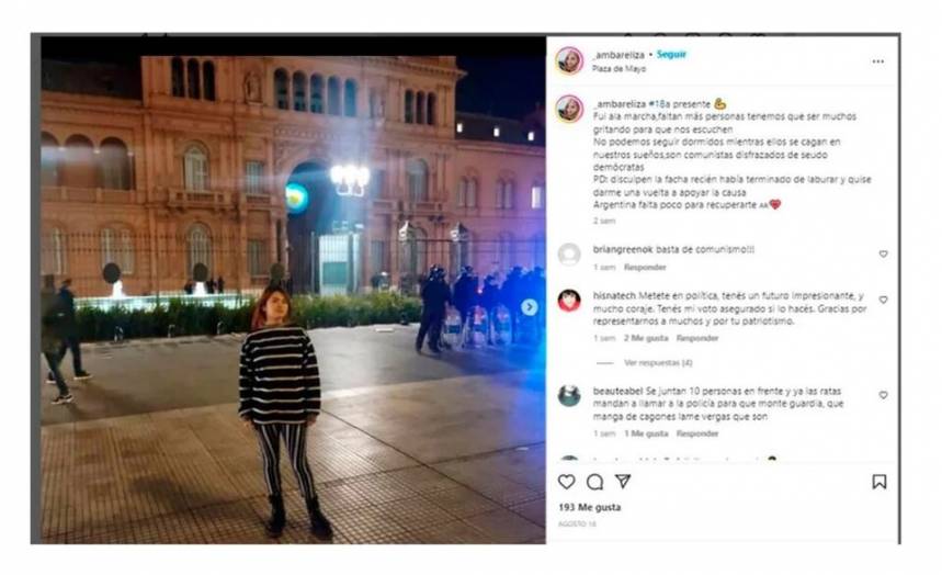 El posteo de Brenda Uliarte en la marcha de las antorchas.