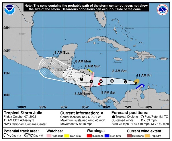 Imagen paso huracán Julia Foto EFE y Oficina Nacional de Administración Oceánica y Atmosférica de Estados Unidos (NOAA) a través del Centro Nacional de Huracanes (NHC)] Pronóstico del huracán Julia. Imagen EFE, cedida por la Oficina Nacional de Administra
