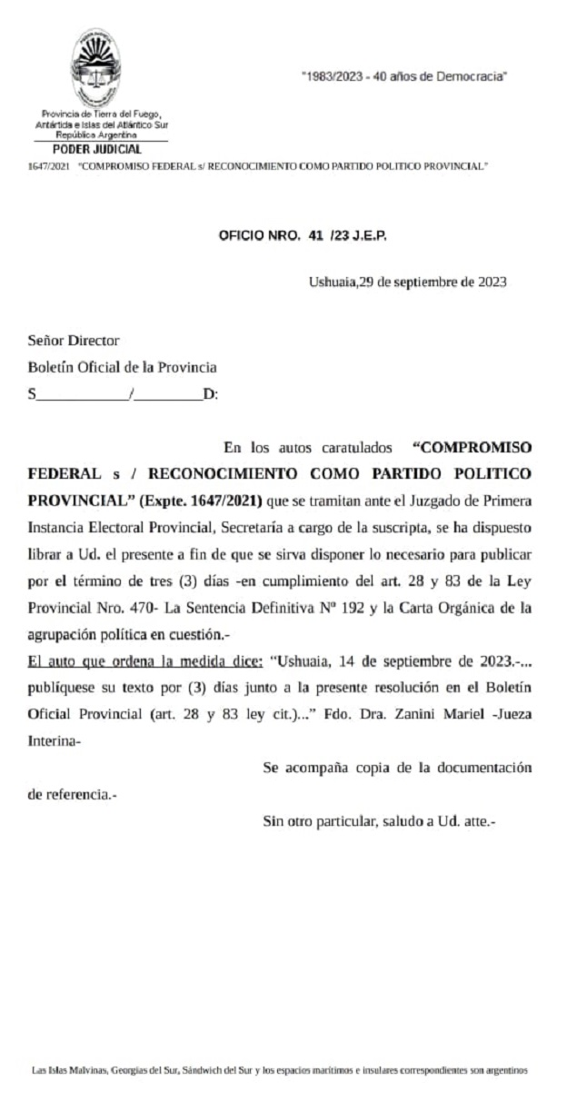 El partido político Compromiso Federal obtuvo el reconocimiento a nivel provincial