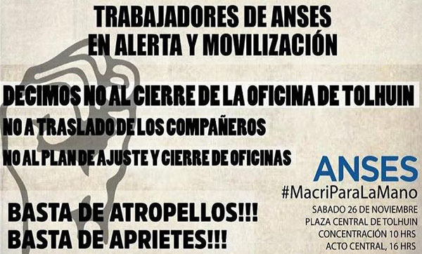 Este sábado 26 de noviembre, hubo un acto en la ciudad de Tolhuin para reclamar por el cierre de las oficinas de ANSES.