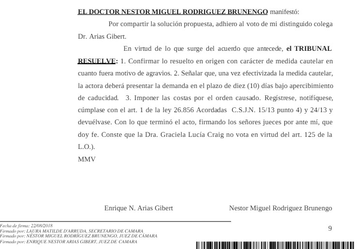 Extracto final del fallo de la Sala V de la Cámara Nacional de Apelaciones del Trabajo.